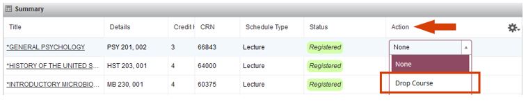 Dropping classes screen image